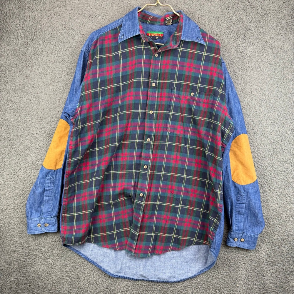 Tango by Max Raab‎ Mens Medium Plaid Denim Colorblock Shirt Elbow Patches 11075